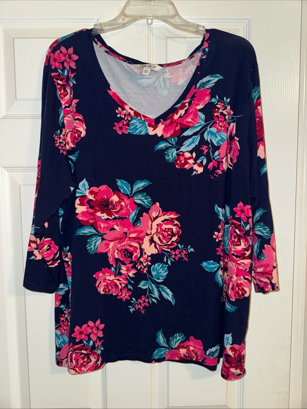 The Pioneer Woman Navy Floral V-Neck Blouse with Pink & Teal Flowers